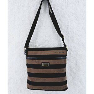 Tommy Hilfiger Brown and Black Striped Sateen Twill Fabric Crossbody